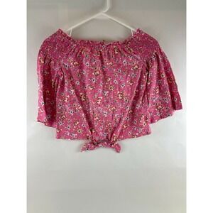Cloud Chaser Crop Blouse Girls Size Large Pink Floral Off Shoulder Bell Sleeve